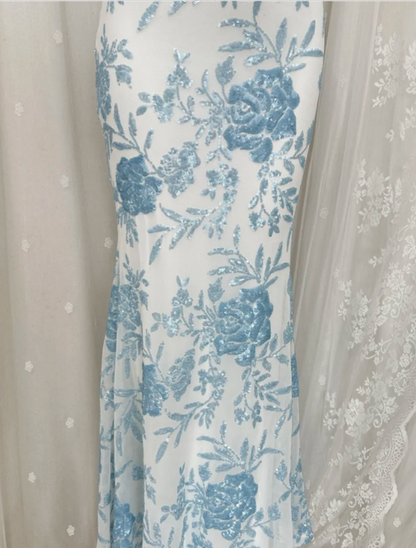 Chic Blue Prom Dress Spaghetti Straps Sheath Birthday Dress Sequins Sleeveless Evening Dress ED06798