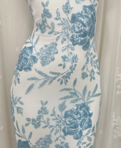 Chic Blue Prom Dress Spaghetti Straps Sheath Birthday Dress Sequins Sleeveless Evening Dress ED06798