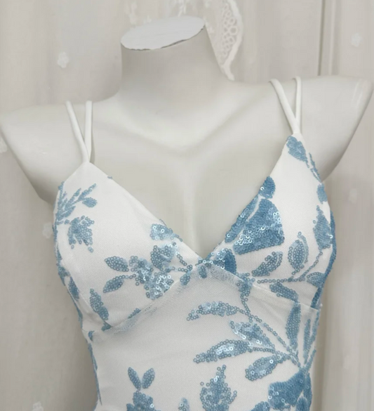 Chic Blue Prom Dress Spaghetti Straps Sheath Birthday Dress Sequins Sleeveless Evening Dress ED06798