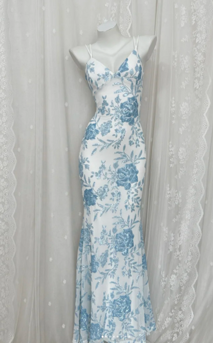 Chic Blue Prom Dress Spaghetti Straps Sheath Birthday Dress Sequins Sleeveless Evening Dress ED06798