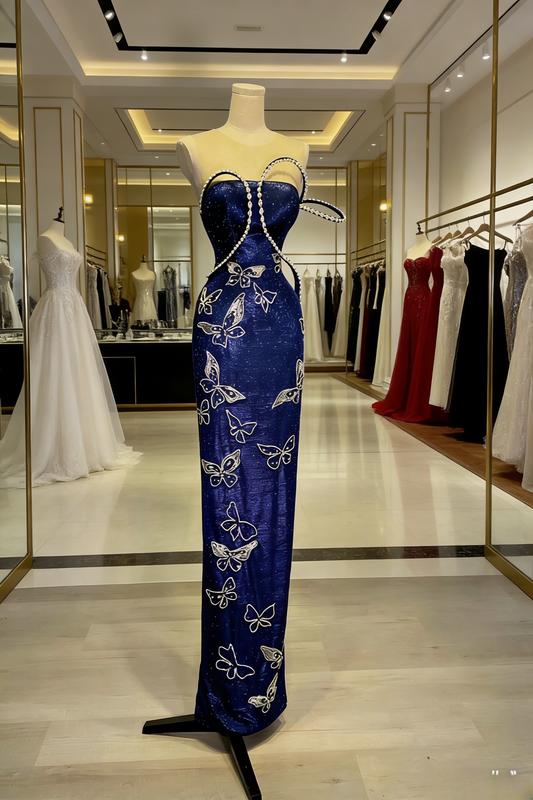 Chic Navy Blue Prom Dress Strapless Sheath Birthday Dress Satin Beaded Sleeveless Evening Dress ED06799