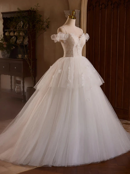 White Off Shoulder Tulle Lace Long Prom Dress, White Long Wedding Dress   ED068