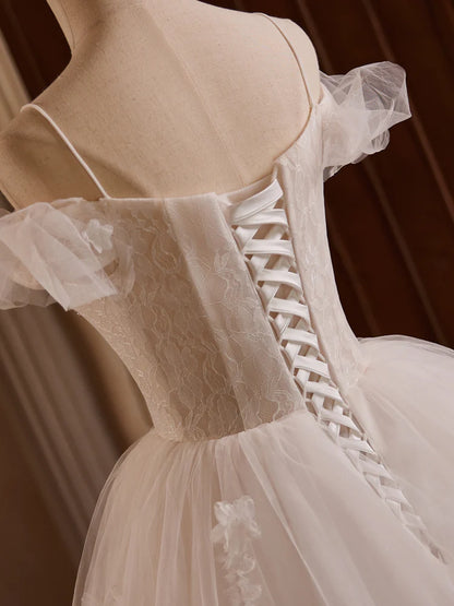 White Off Shoulder Tulle Lace Long Prom Dress, White Long Wedding Dress   ED068