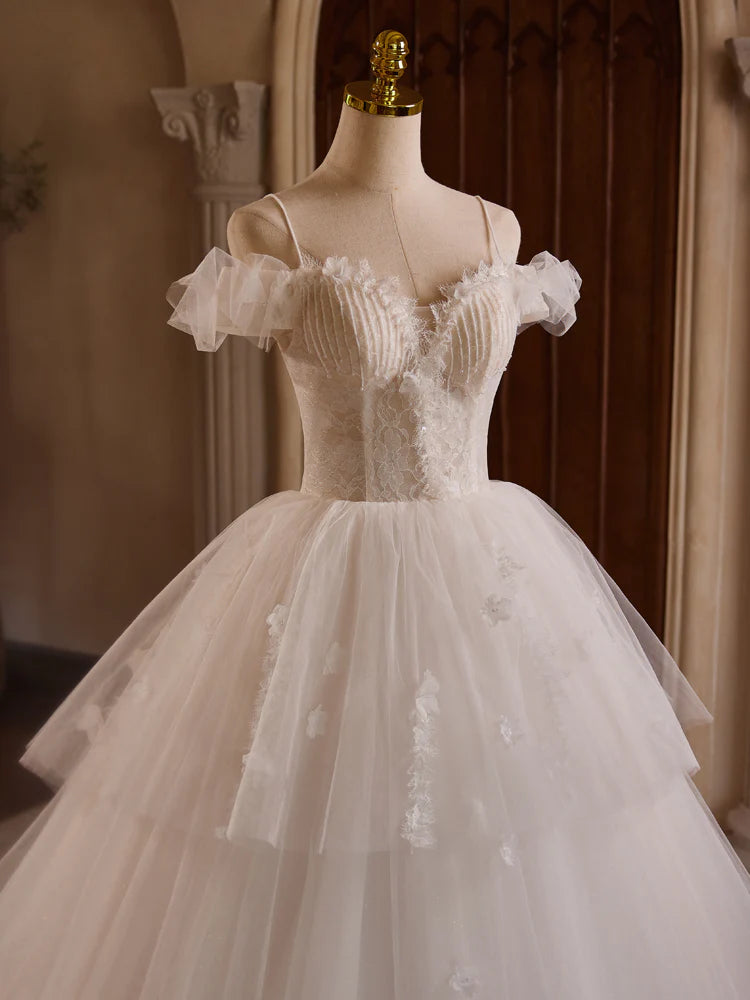 White Off Shoulder Tulle Lace Long Prom Dress, White Long Wedding Dress   ED068