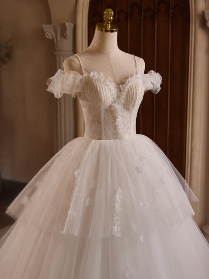 White Off Shoulder Tulle Lace Long Prom Dress, White Long Wedding Dress   ED068