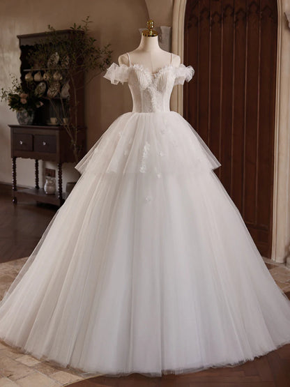 White Off Shoulder Tulle Lace Long Prom Dress, White Long Wedding Dress   ED068