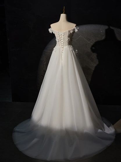 A-Line Off Shoulder Tulle Lace Long Prom Dress, White Lace Long Formal Dress ED0680