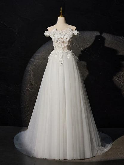 A-Line Off Shoulder Tulle Lace Long Prom Dress, White Lace Long Formal Dress ED0680