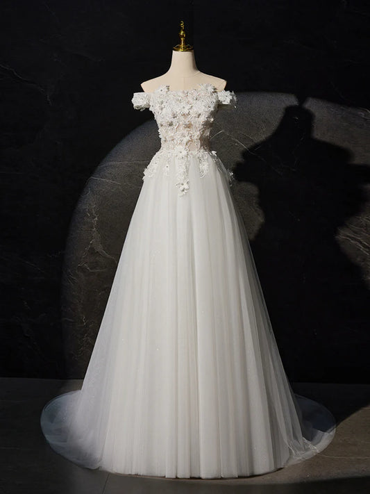 A-Line Off Shoulder Tulle Lace Long Prom Dress, White Lace Long Formal Dress ED0680