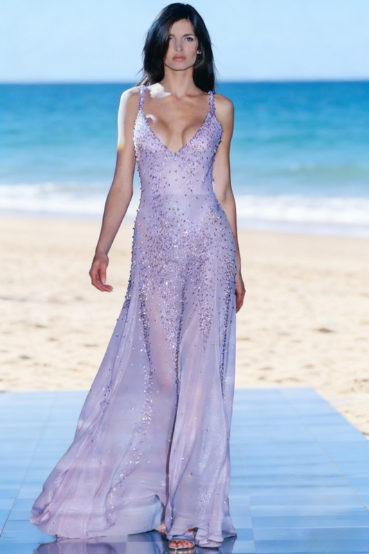 Chic Purple Prom Dress V-Neck Sheath Birthday Dress Chiffon Beaded Sleeveless Evening Dress ED06800
