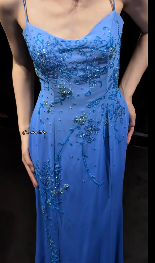 Elegant Blue Prom Dress Spaghetti Straps Sheath Evening Dress Chiffon Beaded Dress ED06804