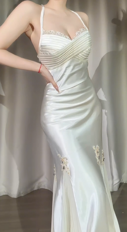 Elegant White Prom Dress Halter Sheath Evening Dress Satin Beaded Dress ED06805