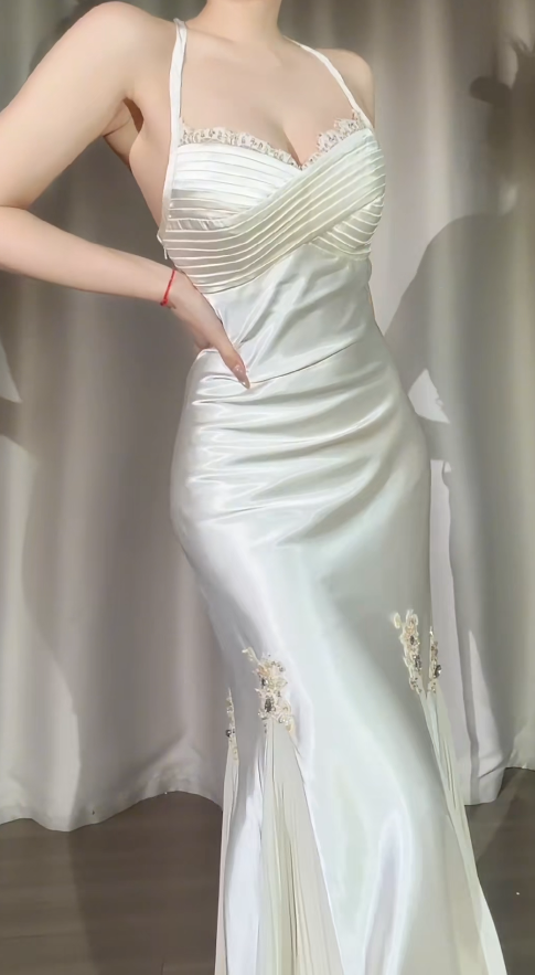Elegant White Prom Dress Halter Sheath Evening Dress Satin Beaded Dress ED06805