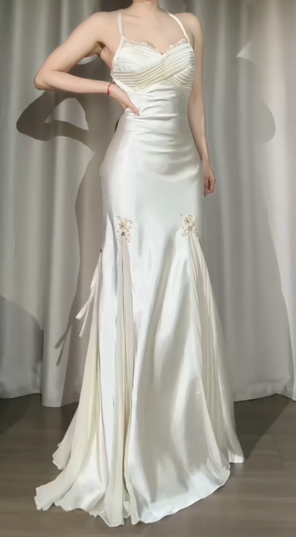Elegant White Prom Dress Halter Sheath Evening Dress Satin Beaded Dress ED06805