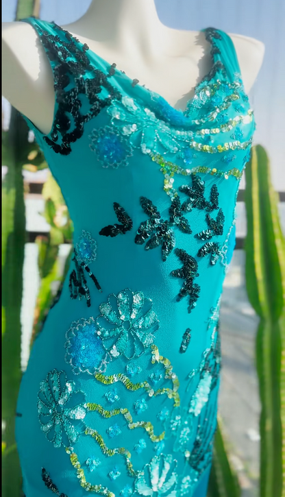 Elegant Teal Prom Dress V-Neck Sheath Evening Dress Chiffon Beaded Dress ED06806
