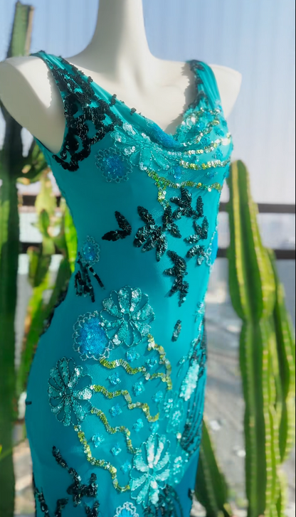 Elegant Teal Prom Dress V-Neck Sheath Evening Dress Chiffon Beaded Dress ED06806
