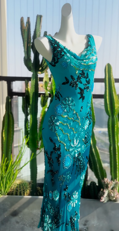 Elegant Teal Prom Dress V-Neck Sheath Evening Dress Chiffon Beaded Dress ED06806