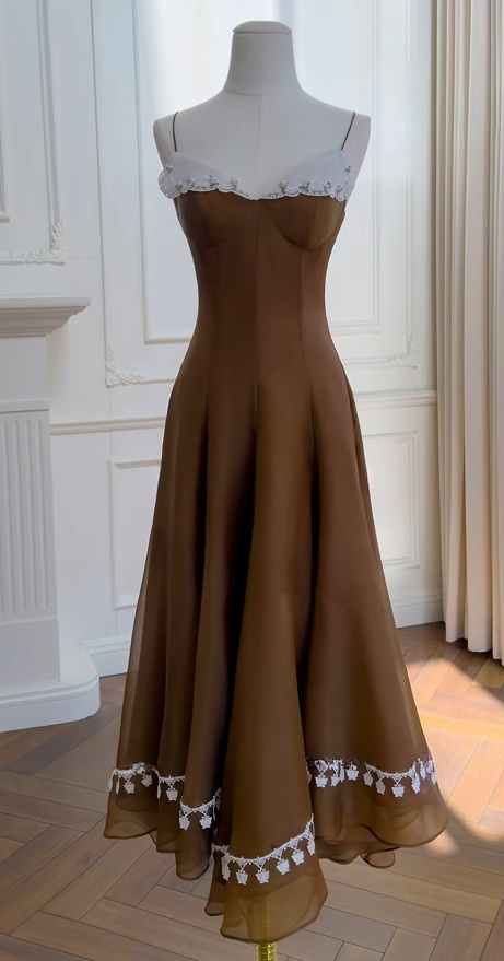 Cute Brown Prom Dress Spaghetti Straps A-Line Evening Dress Chiffon Sleevless Dress ED06809