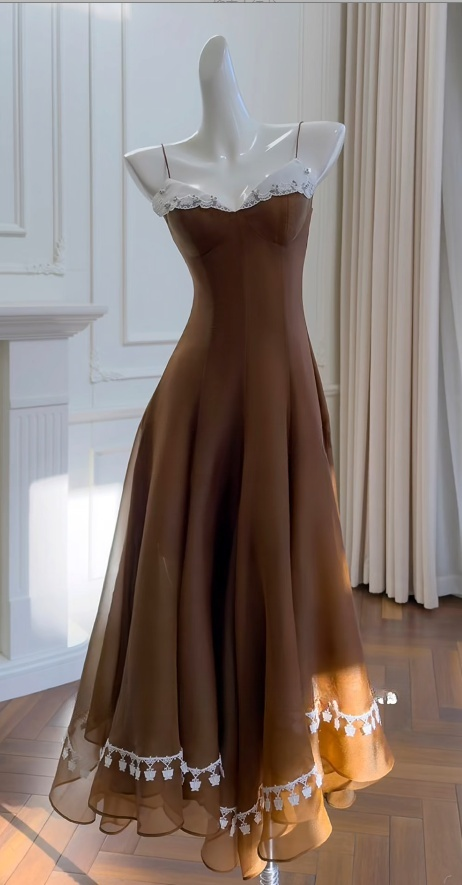 Cute Brown Prom Dress Spaghetti Straps A-Line Evening Dress Chiffon Sleevless Dress ED06809