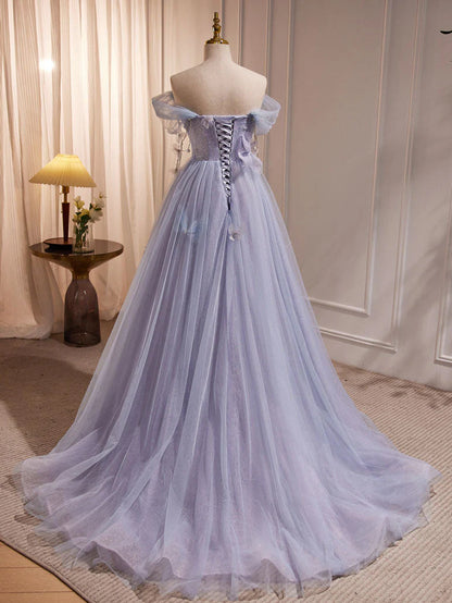 Lila A-Linie Tüll Langes Ballkleid, Schulterfreies Lila Abschlusskleid ED0681