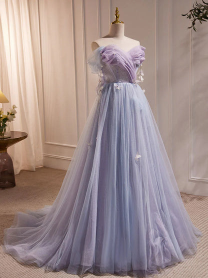 Lila A-Linie Tüll Langes Ballkleid, Schulterfreies Lila Abschlusskleid ED0681