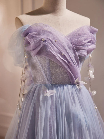 Lila A-Linie Tüll Langes Ballkleid, Schulterfreies Lila Abschlusskleid ED0681