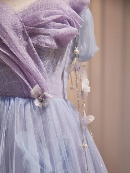 Lila A-Linie Tüll Langes Ballkleid, Schulterfreies Lila Abschlusskleid ED0681