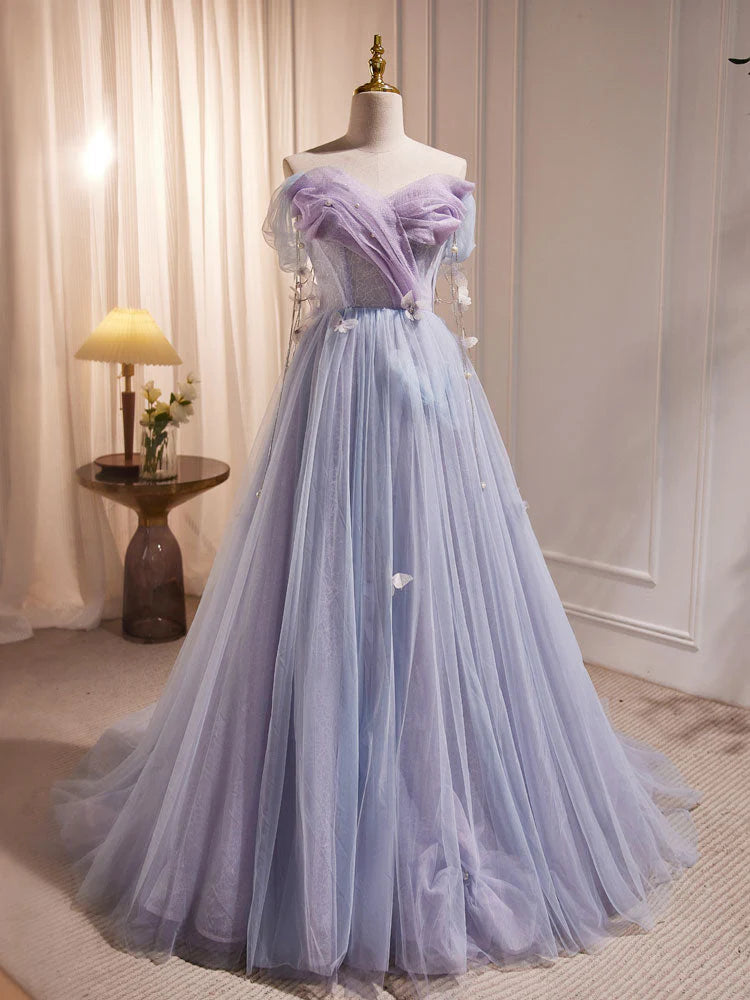 Lila A-Linie Tüll Langes Ballkleid, Schulterfreies Lila Abschlusskleid ED0681