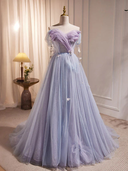 Lila A-Linie Tüll Langes Ballkleid, Schulterfreies Lila Abschlusskleid ED0681