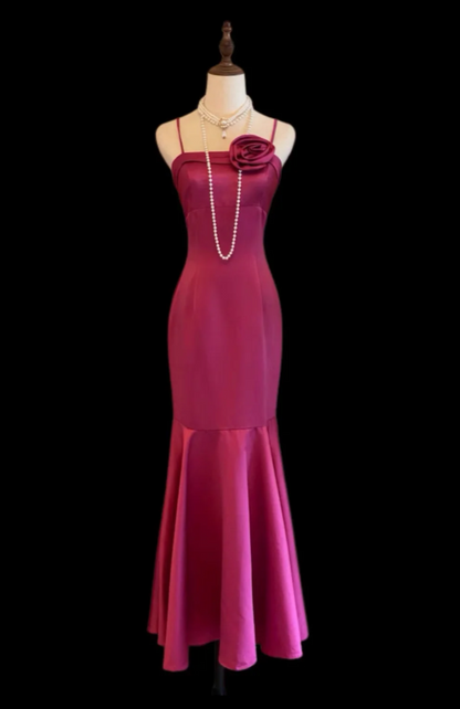 Cute Plum Prom Dress Spaghetti Straps Mermaid Evening Dress Satin Sleevless Party Dress ED06810