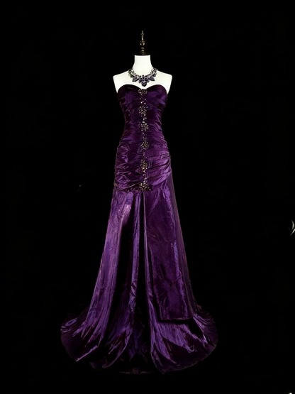 Cute Dark Purple Prom Dress Strapless Sheath Evening Dress Satin Beaded Dress ED06812