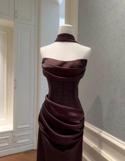 Cute Rust Red Prom Dress Strapless Sheath Evening Dress Satin Sleeveless Party  Dress ED06813