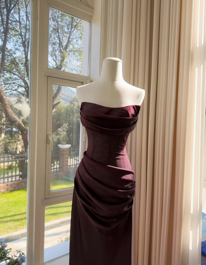 Cute Rust Red Prom Dress Strapless Sheath Evening Dress Satin Sleeveless Party  Dress ED06813