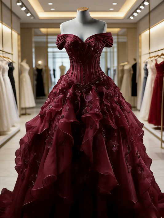 Cute Burgundy Prom Dress Off-shoulder A-Line Quinceanera Dress Tulle Sleeveless Birthday Dress ED06814
