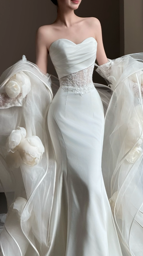 Elegant White Wedding Dress Sweetheart Satin Mermaid Bridal Gown Sleeveless Bridal Dress ED06815