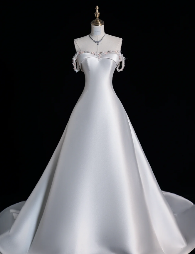 Elegant White Wedding Dress Off-shoulder Satin A-Line Bridal Gown Sleeveless Bridal Dress ED06819