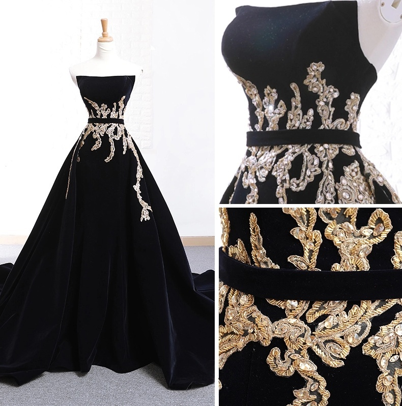 Robe de bal longue en velours noir avec traîne, robe de soirée longue en velours noir ED0682