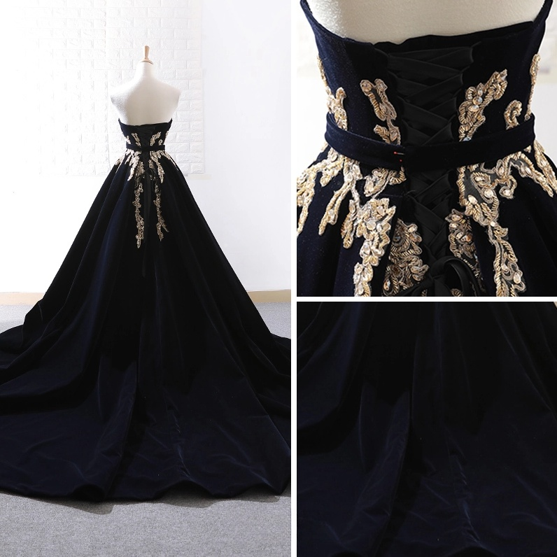 Robe de bal longue en velours noir avec traîne, robe de soirée longue en velours noir ED0682