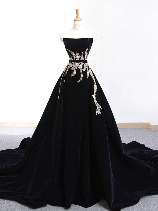 Robe de bal longue en velours noir avec traîne, robe de soirée longue en velours noir ED0682