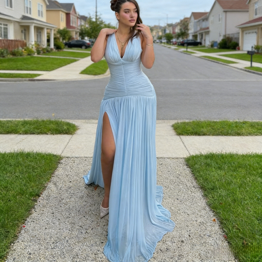 Gorgeous Blue Prom Dress Chiffon V-neck Evening Dress Sheath Party Dress ED06824