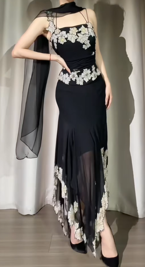 Gorgeous Black Prom Dress Chiffon Spaghetti Straps  Evening Dress Sheath Formal Dress ED06826