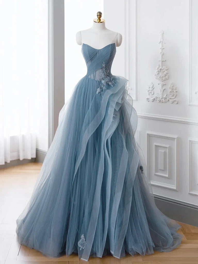 Graublaues langes Ballkleid aus Tüllspitze, graublaues Abendkleid ED0683