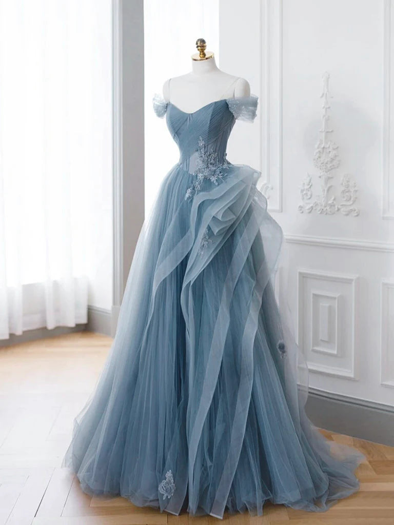 Graublaues langes Ballkleid aus Tüllspitze, graublaues Abendkleid ED0683