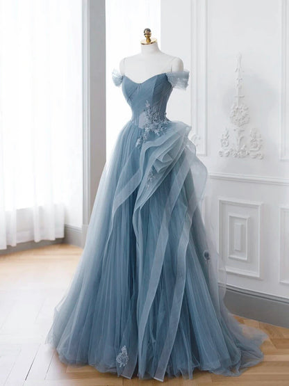 Graublaues langes Ballkleid aus Tüllspitze, graublaues Abendkleid ED0683