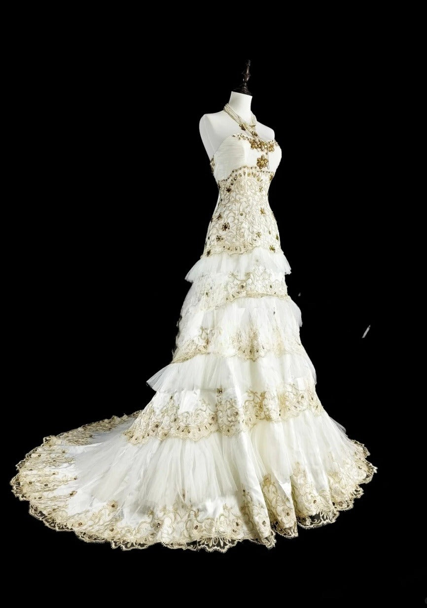 Gorgeous White Prom Dress Tulle Applique Strapless Evening Dress A-Line Formal Dress ED06830