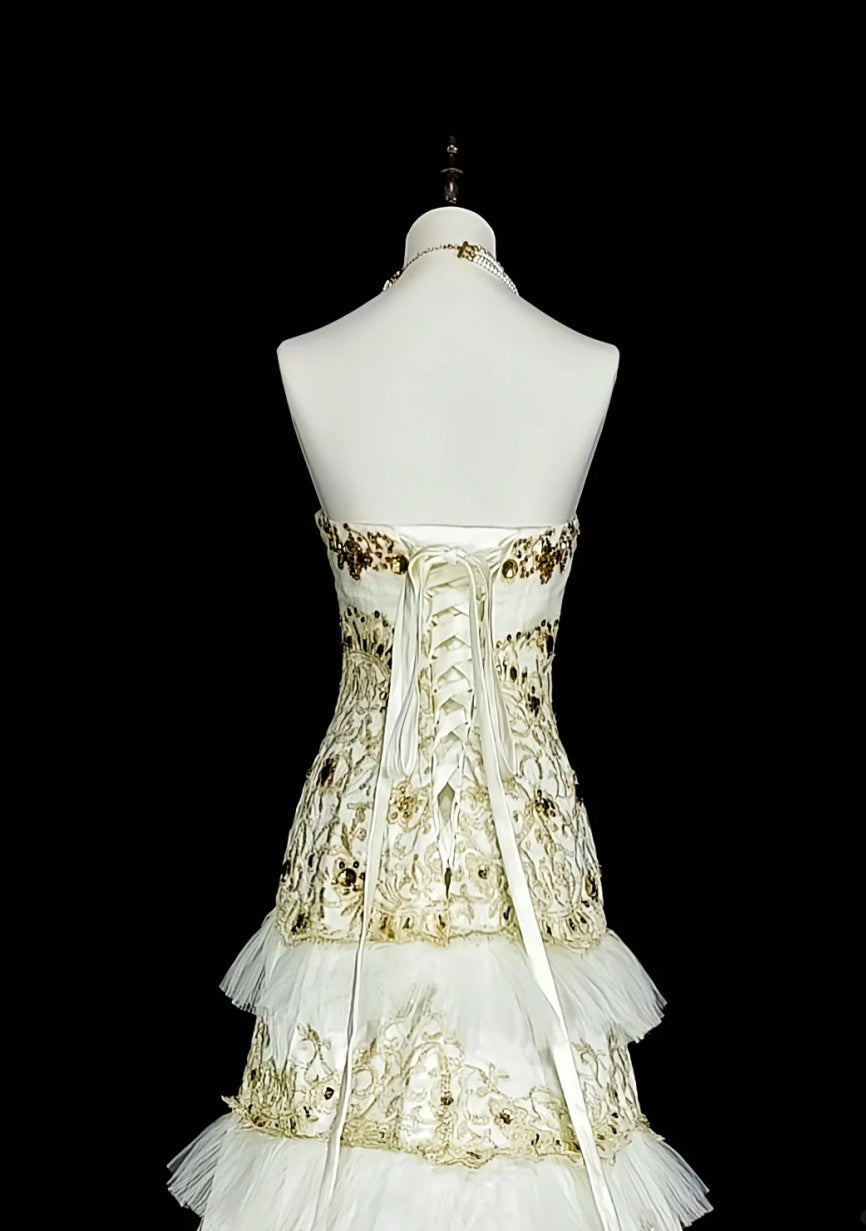 Gorgeous White Prom Dress Tulle Applique Strapless Evening Dress A-Line Formal Dress ED06830