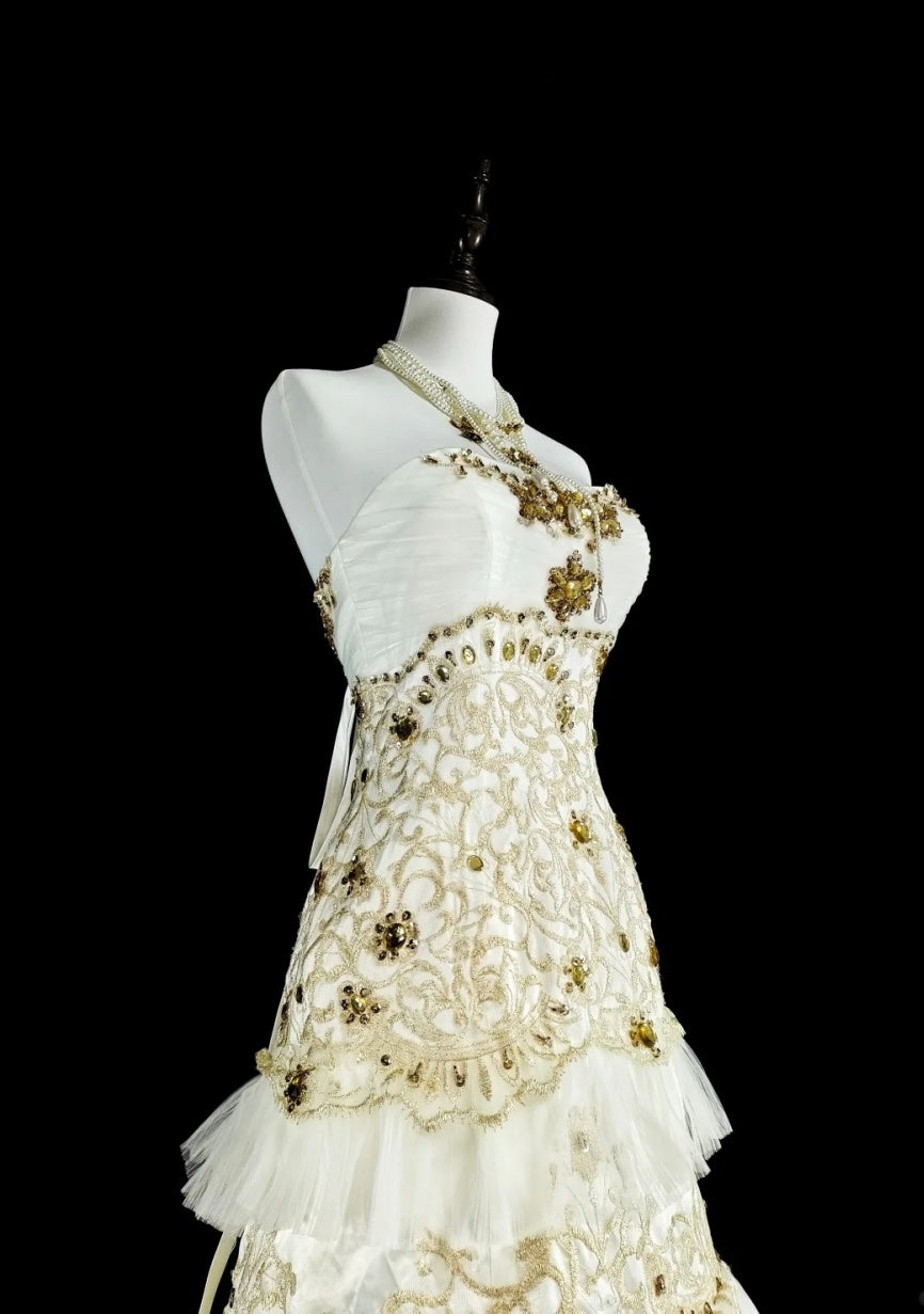 Gorgeous White Prom Dress Tulle Applique Strapless Evening Dress A-Line Formal Dress ED06830