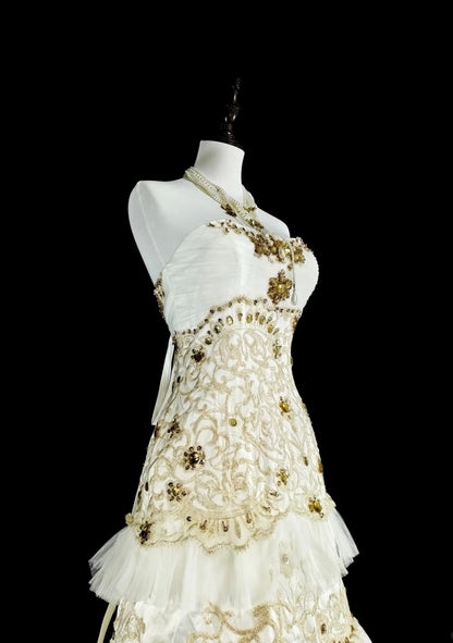 Gorgeous White Prom Dress Tulle Applique Strapless Evening Dress A-Line Formal Dress ED06830