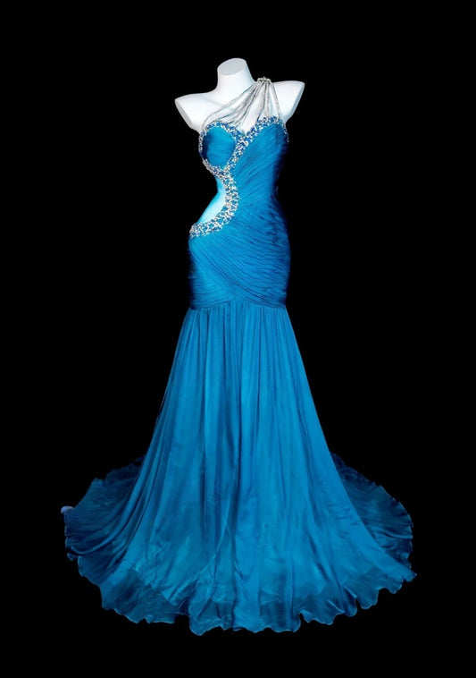 Gorgeous Blue Prom Dress Chiffon One-shoulder Evening Dress Sheath Formal Dress ED06833