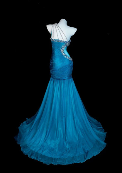 Gorgeous Blue Prom Dress Chiffon One-shoulder Evening Dress Sheath Formal Dress ED06833